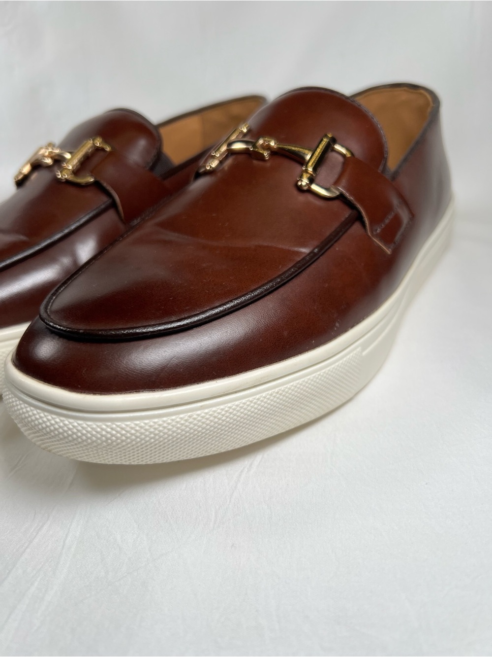 Men's Brown Leather Slip-On Loafer with Gold Bit and White Sole